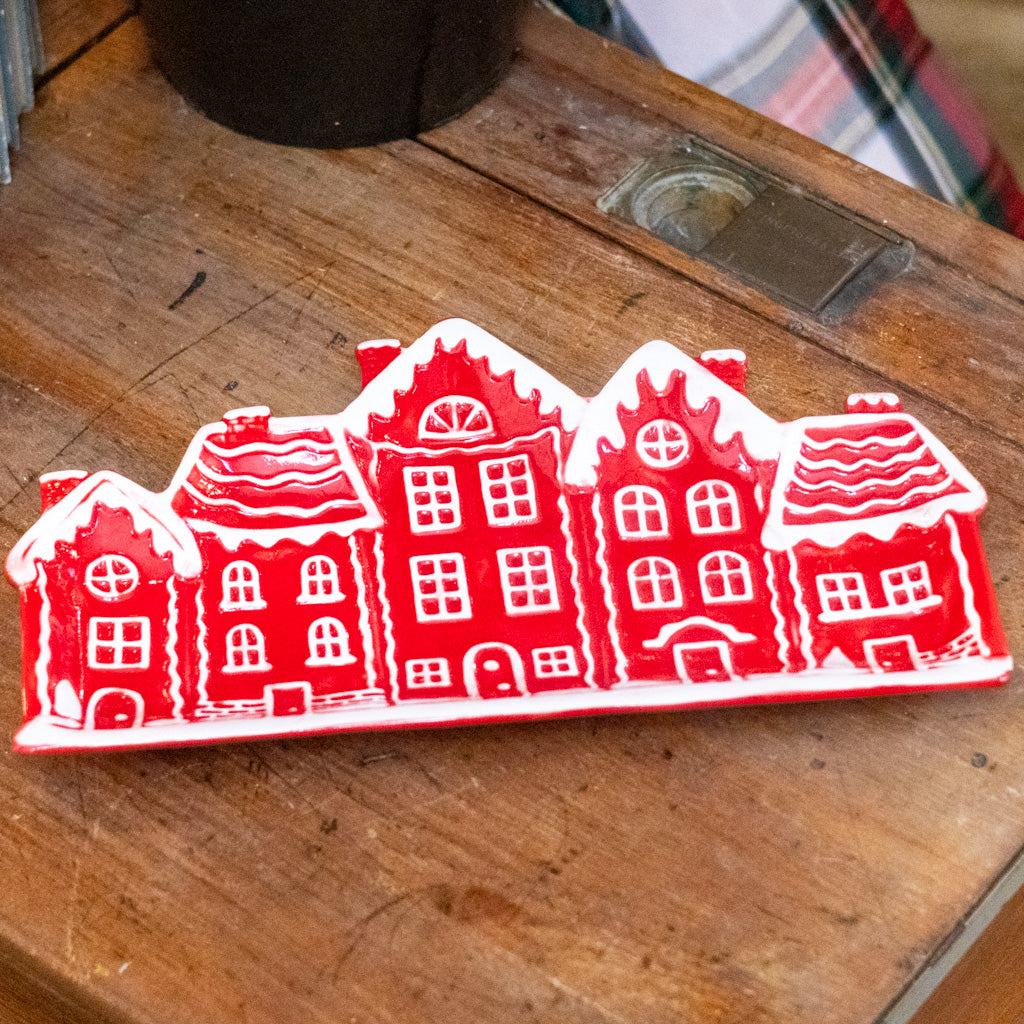 Ceramic Red White Street with Houses Platter