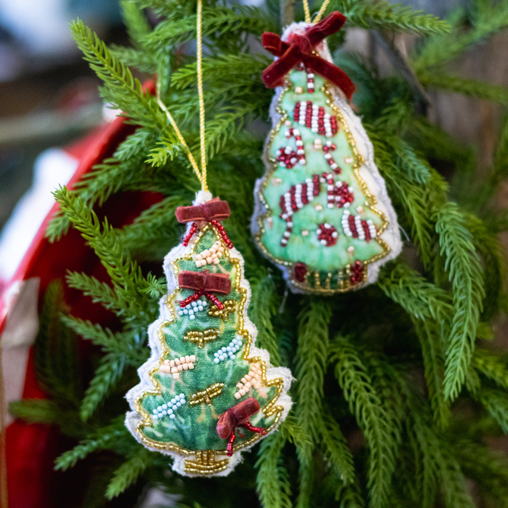 Beaded Fabric Christmas Tree Green with Ribbon