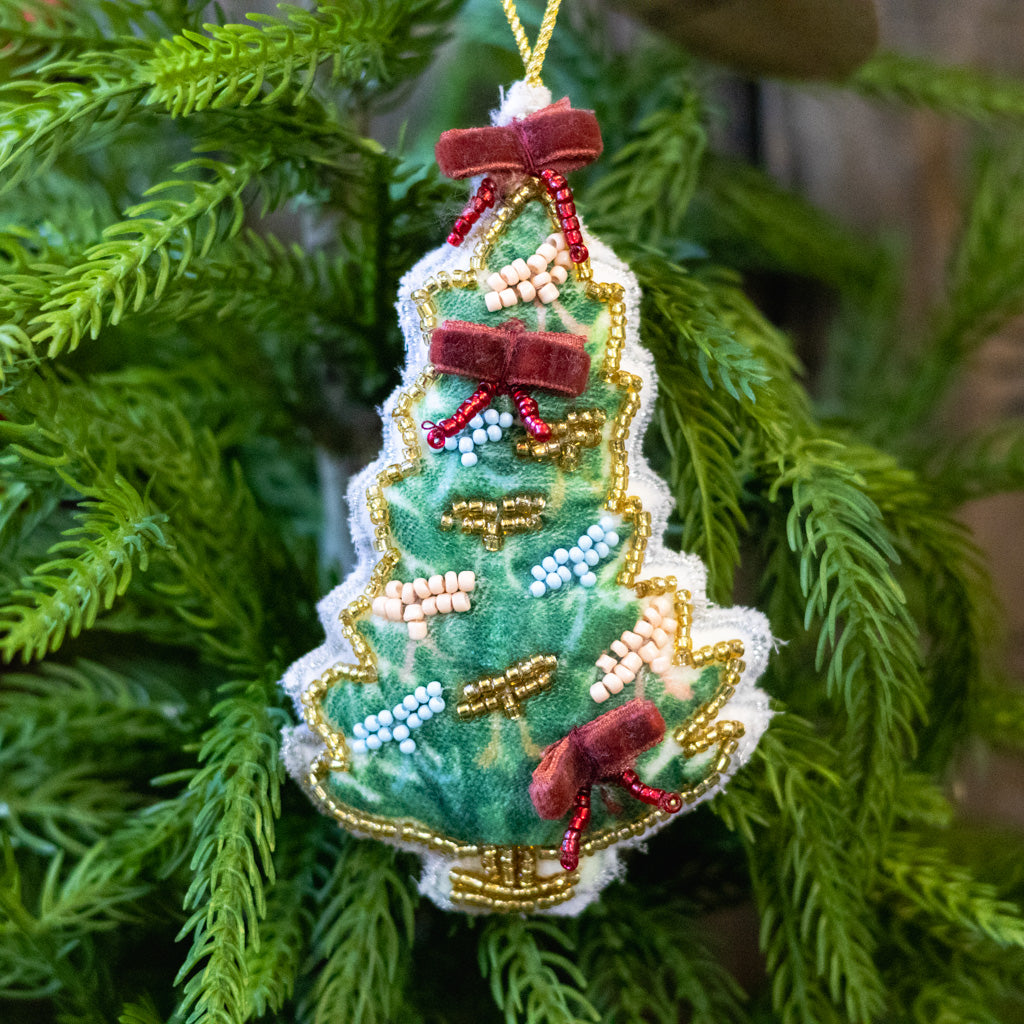Beaded Fabric Christmas Tree Green with Ribbon
