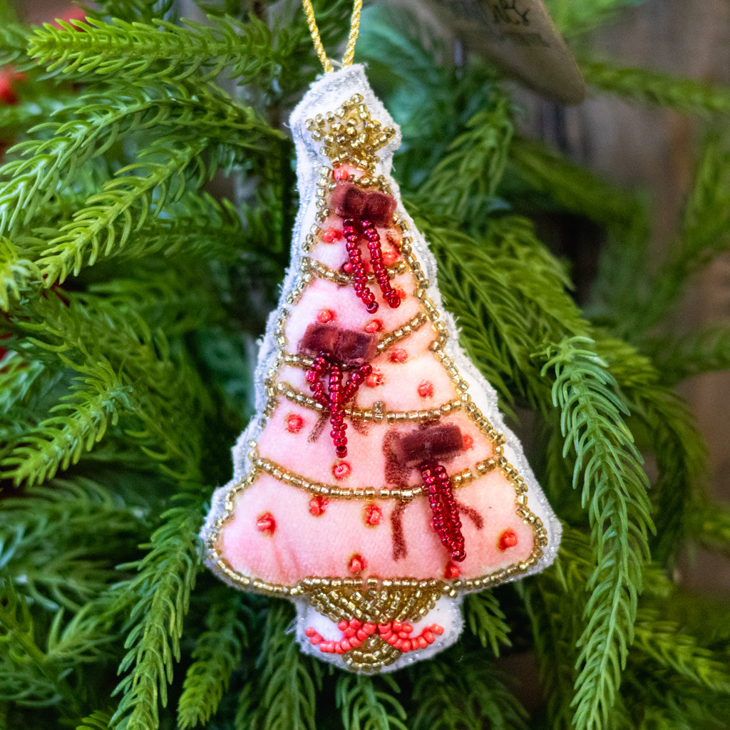Beaded Fabric Christmas Tree Pink with Ribbon