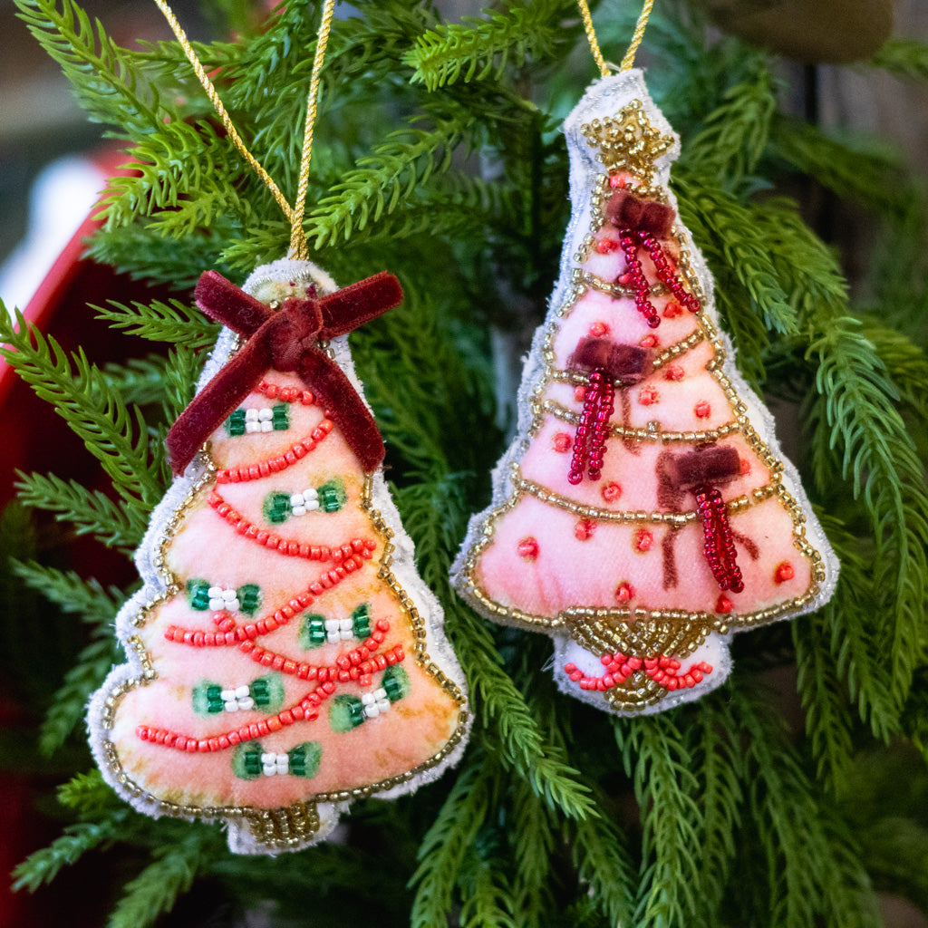 Beaded Fabric Christmas Tree Pink with Ribbon
