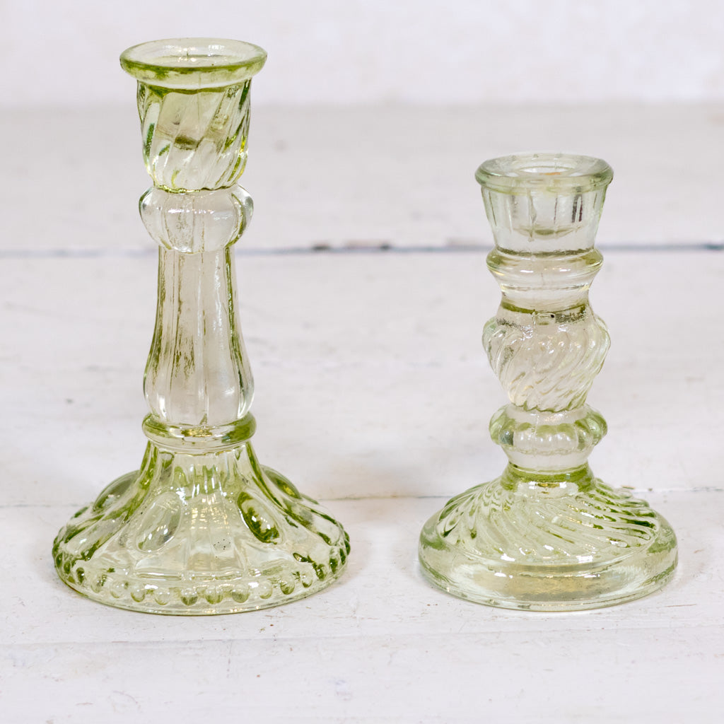 Vintage Frosted Green Glass Candle Holder Short