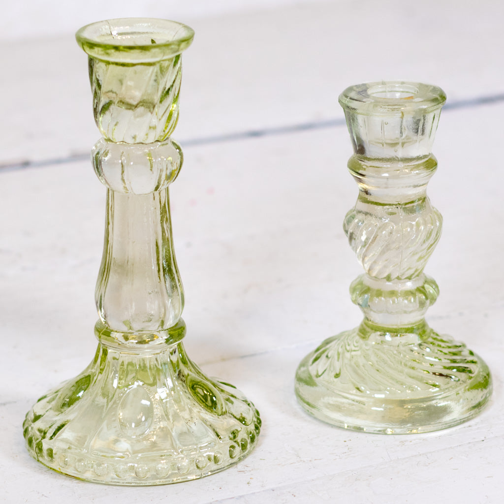 Vintage Frosted Green Glass Candle Holder Tall