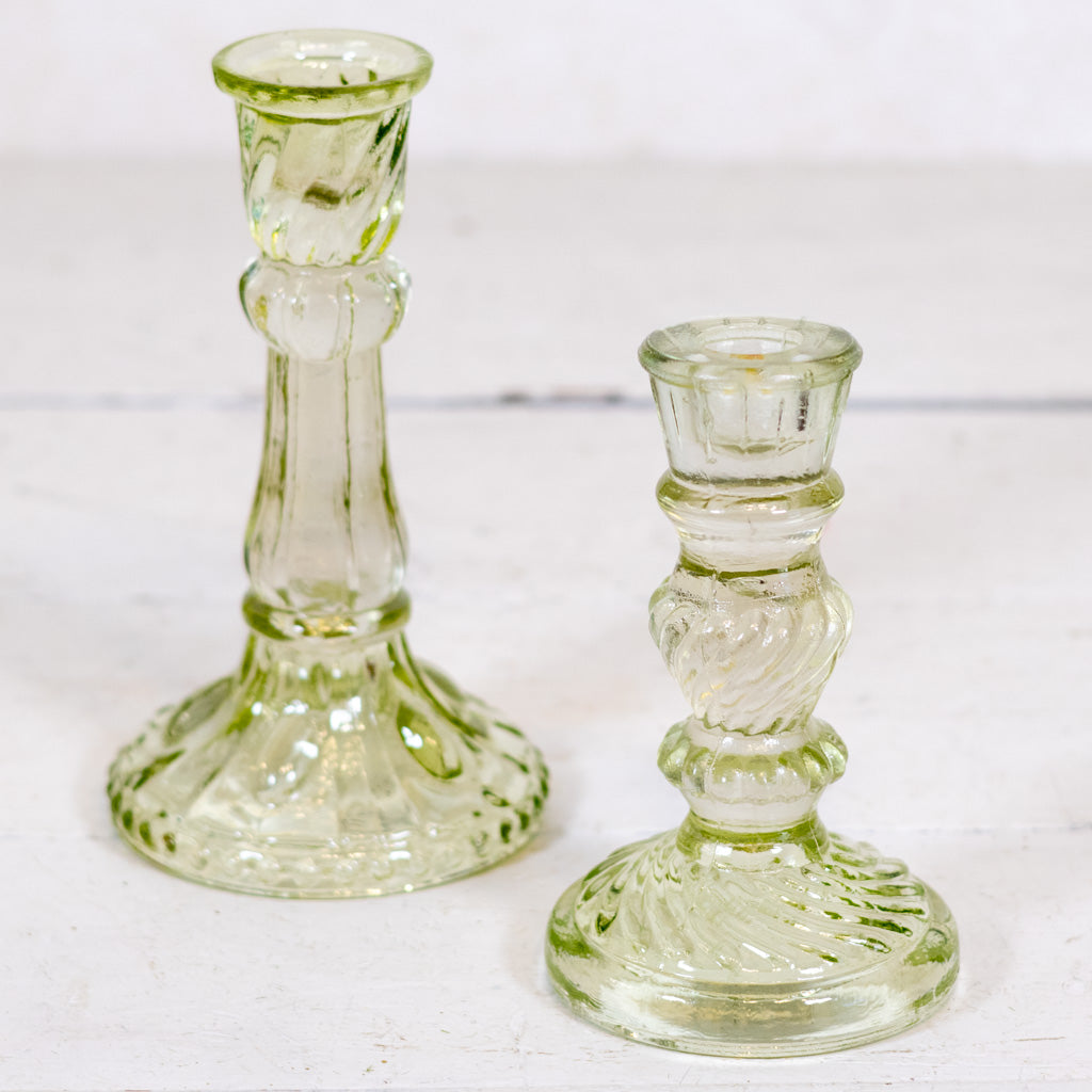Vintage Frosted Green Glass Candle Holder Short