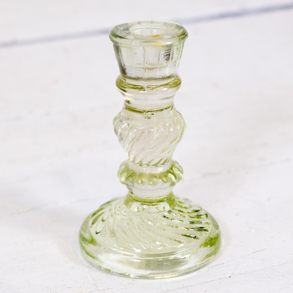 Vintage Frosted Green Glass Candle Holder Short