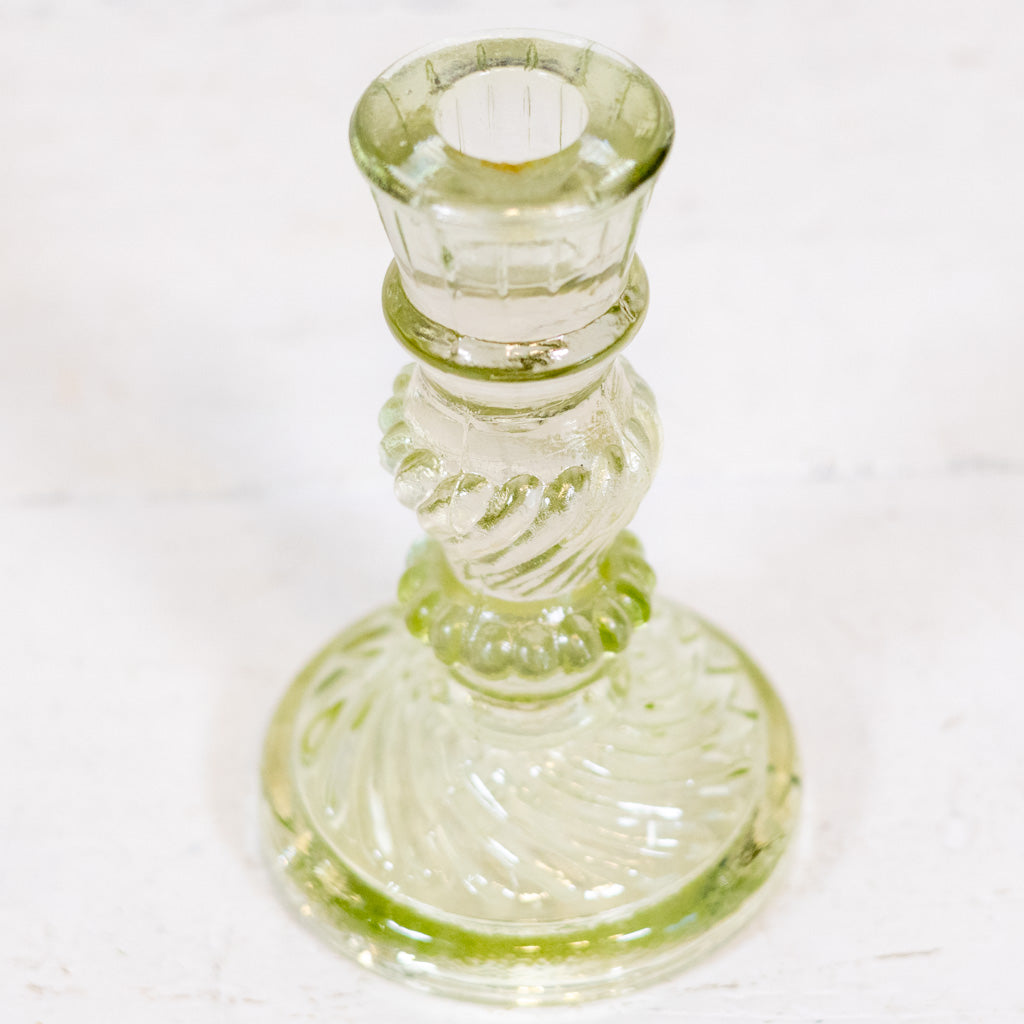 Vintage Frosted Green Glass Candle Holder Short