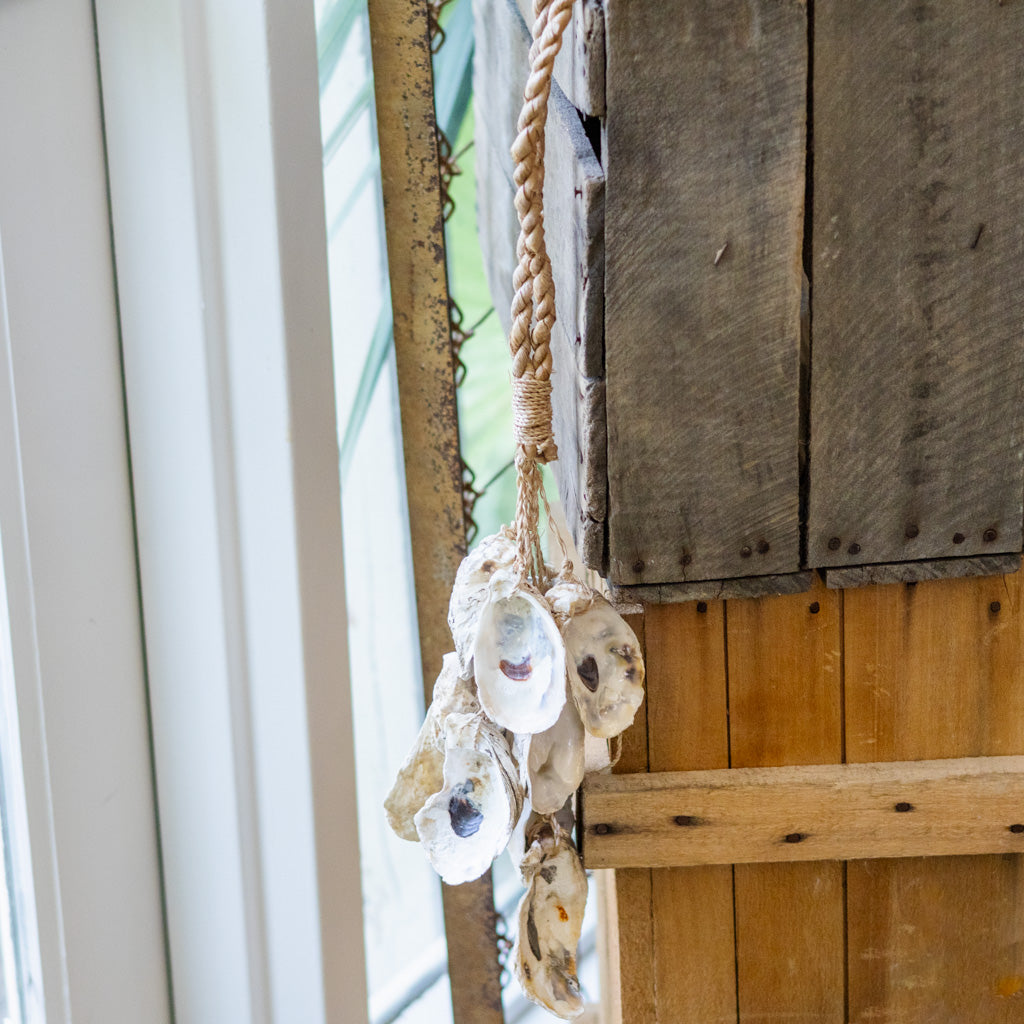 Tassel on Twine Loop with Strands of Oyster and Sea Glass