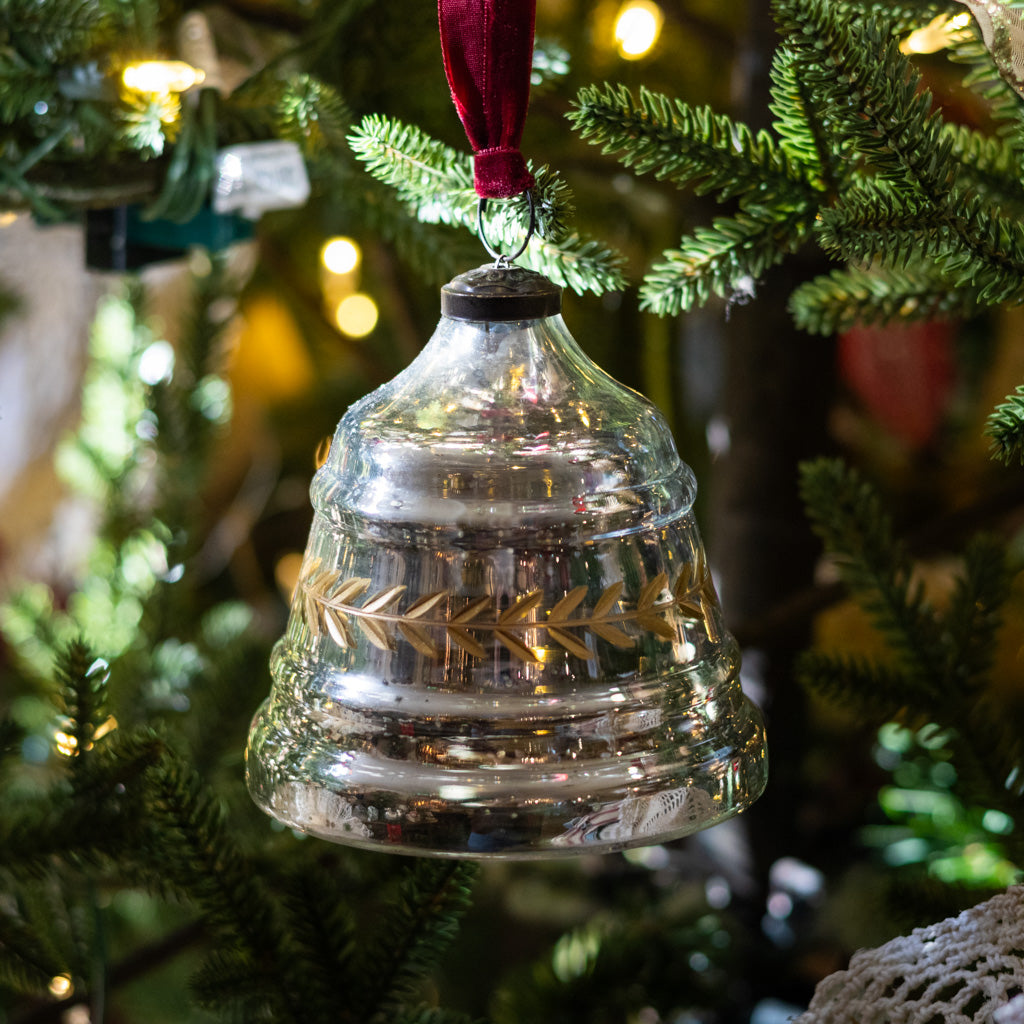 Garland Etched Mercury Glass Bell Shaped Ornament