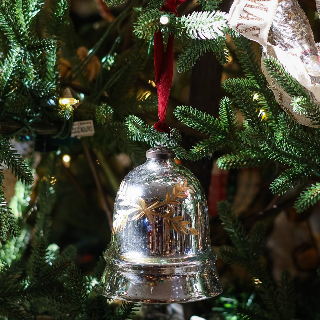 Leaf Etched Mercury Glass Bell Shaped Ornament