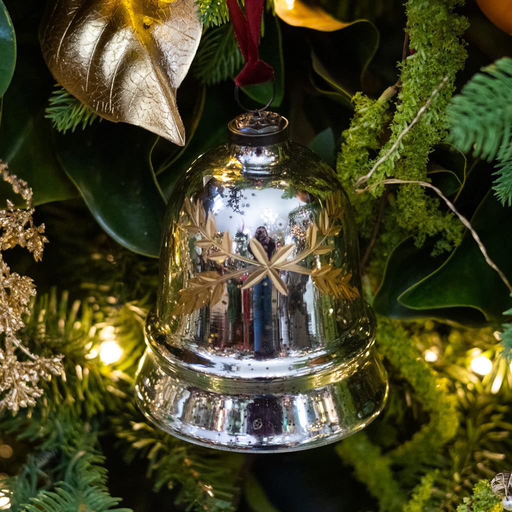 Leaf Etched Mercury Glass Bell Shaped Ornament