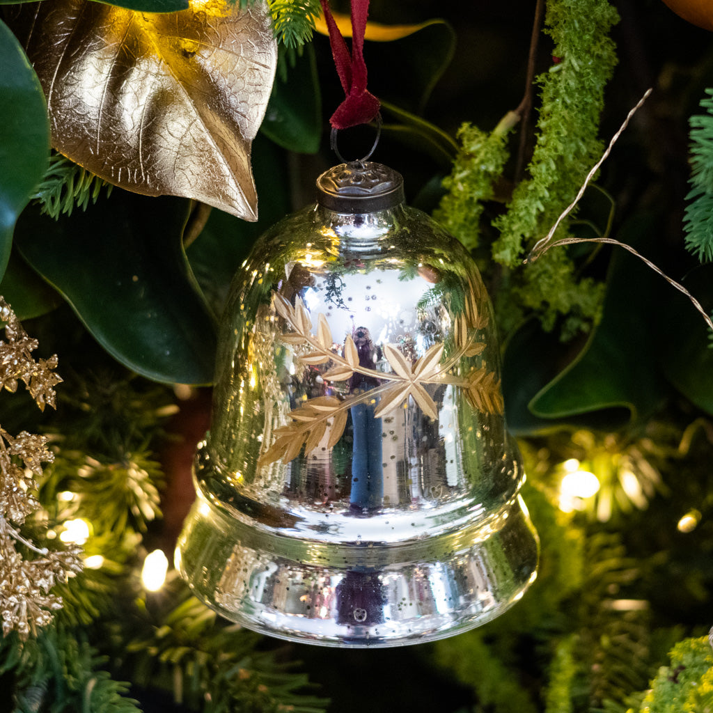 Leaf Etched Mercury Glass Bell Shaped Ornament