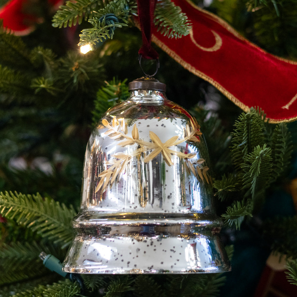 Leaf Etched Mercury Glass Bell Shaped Ornament
