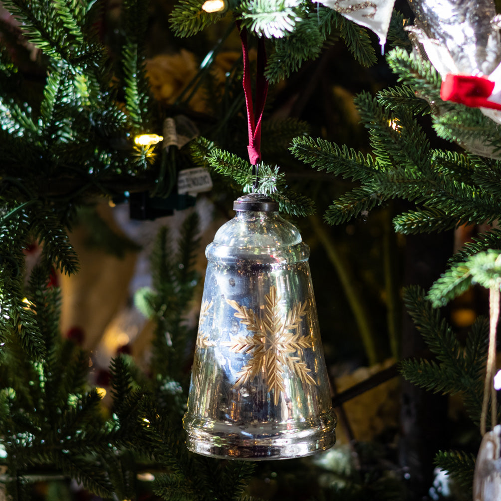 Snowflake Etched Mercury Glass Bell Shaped Ornament