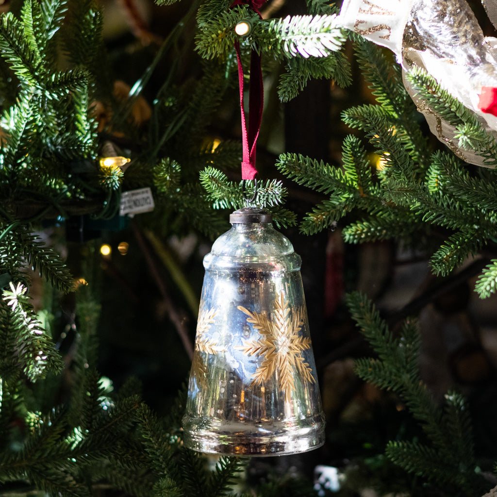 Snowflake Etched Mercury Glass Bell Shaped Ornament