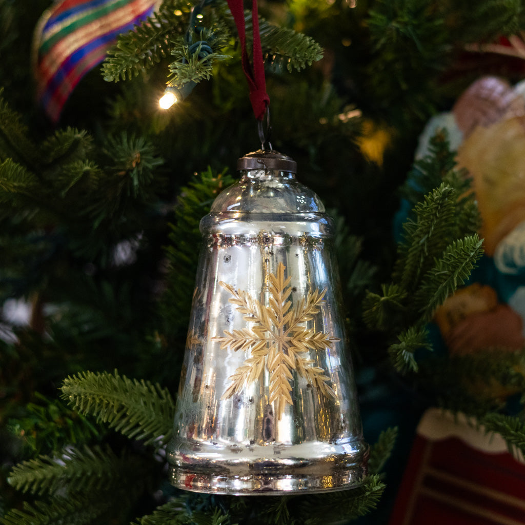 Snowflake Etched Mercury Glass Bell Shaped Ornament