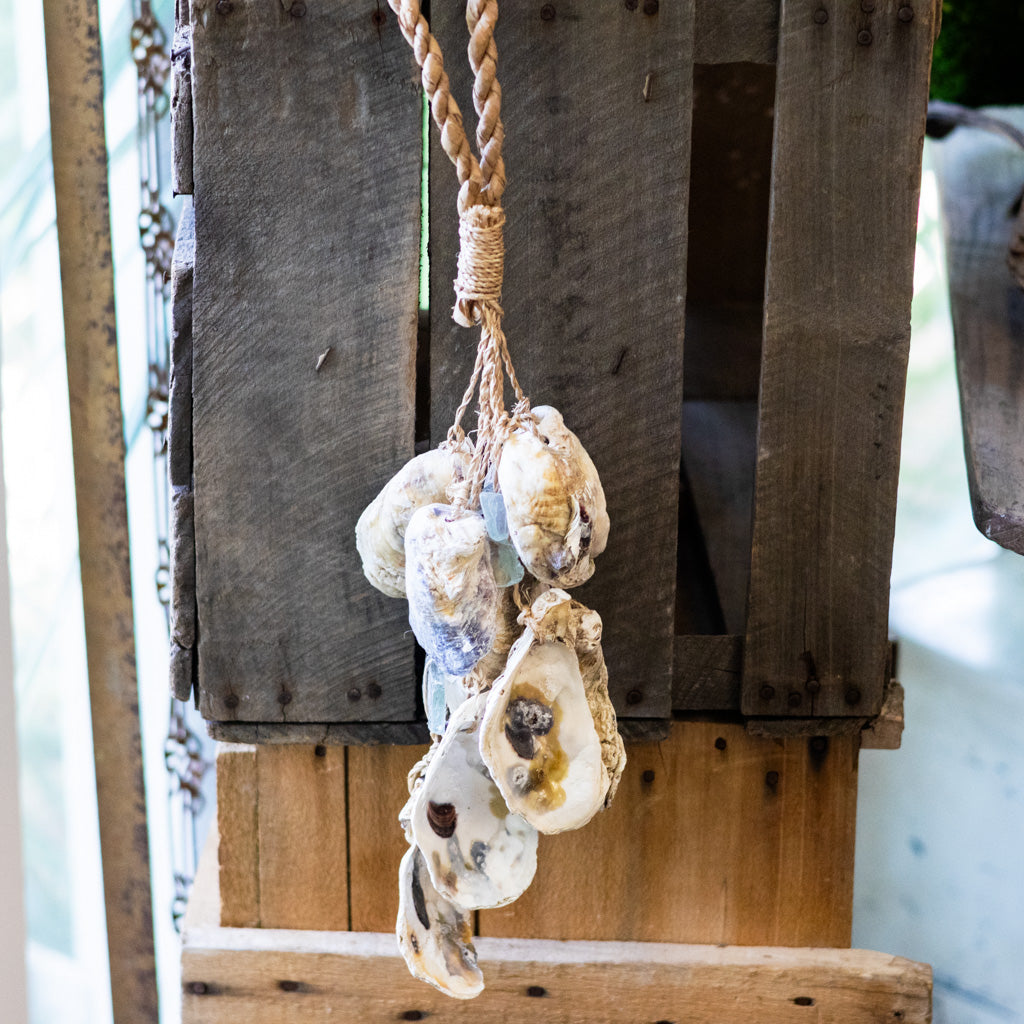 Tassel on Twine Loop with Strands of Oyster and Sea Glass