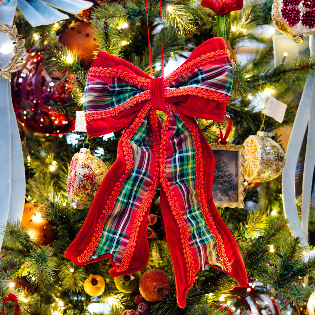 Fabric Bow Ornament with Plaid Pattern Red & Green