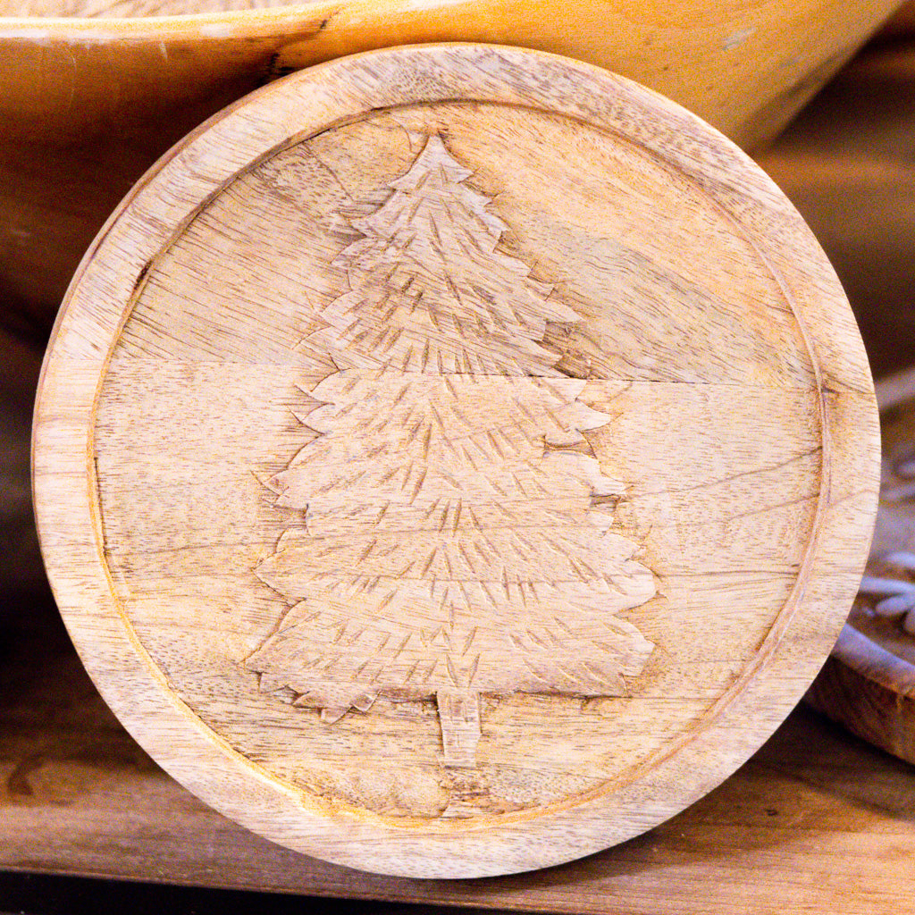 Wood Round Trivet with Tree Design