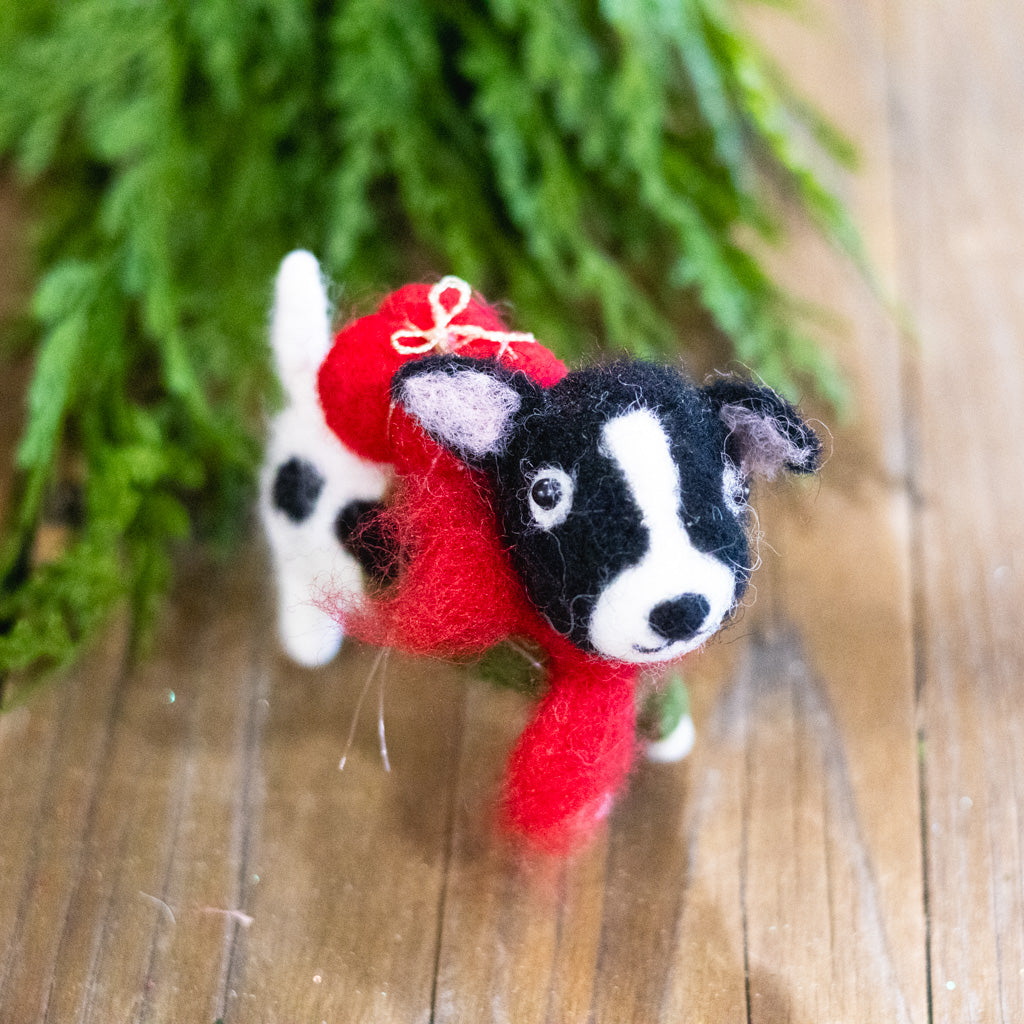Felt Puppy in Green Outfit with Scarf and Present Ornament