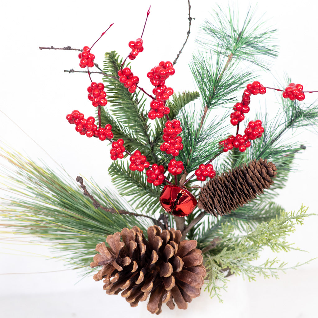 Mixed Pine with Pinecones Red Berries and Red Bell Spray