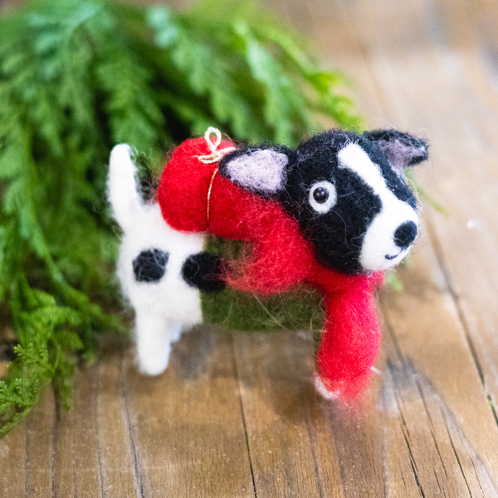 Felt Puppy in Green Outfit with Scarf and Present Ornament