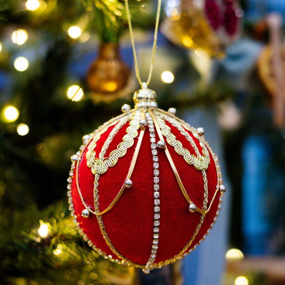 Beaded Red Gold Velvet Ball Ornament