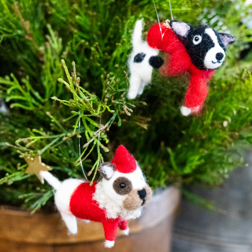 Felt Puppy in Green Outfit with Scarf and Present Ornament