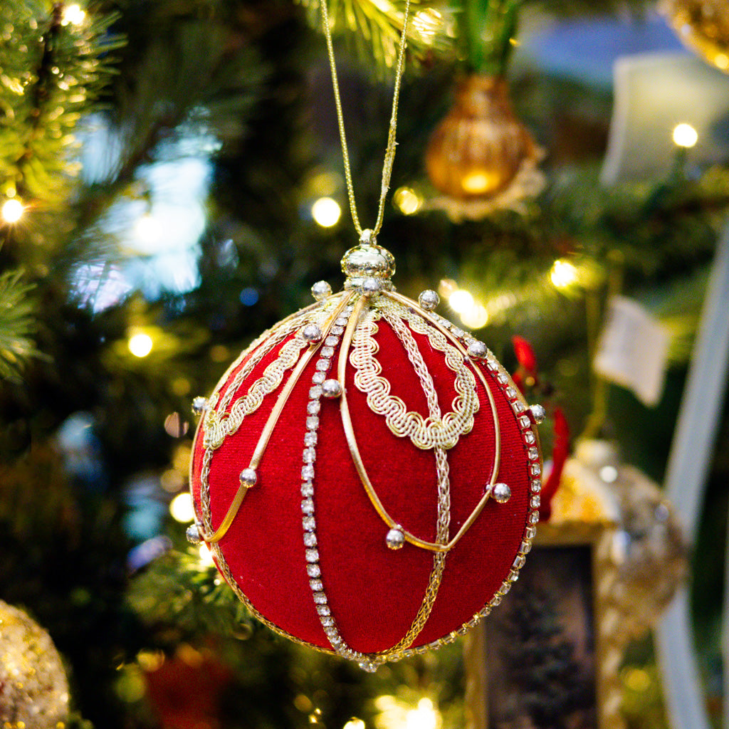 Beaded Red Gold Velvet Ball Ornament