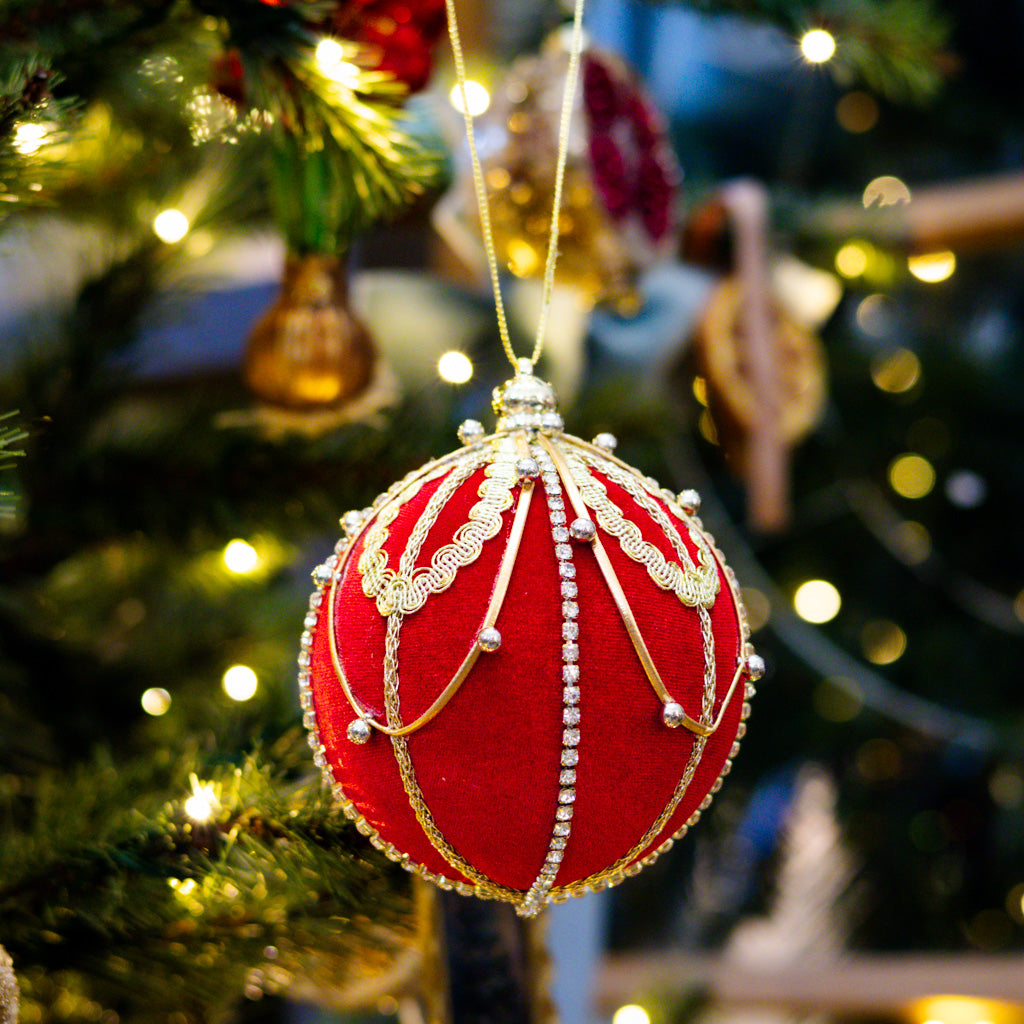 Beaded Red Gold Velvet Ball Ornament