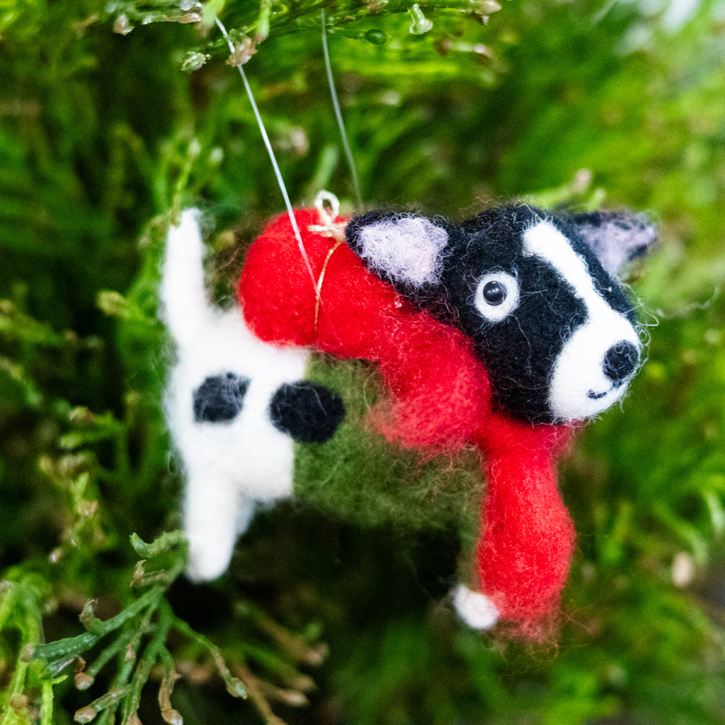 Felt Puppy in Green Outfit with Scarf and Present Ornament