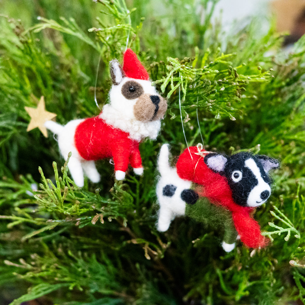 Felt Puppy in Green Outfit with Scarf and Present Ornament