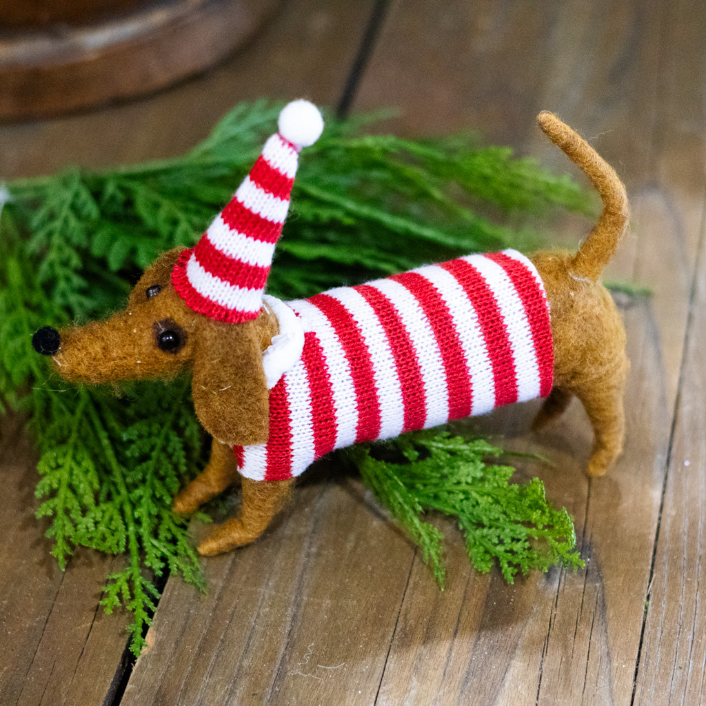 Wool Dog with Striped Hat and Sweater Ornament