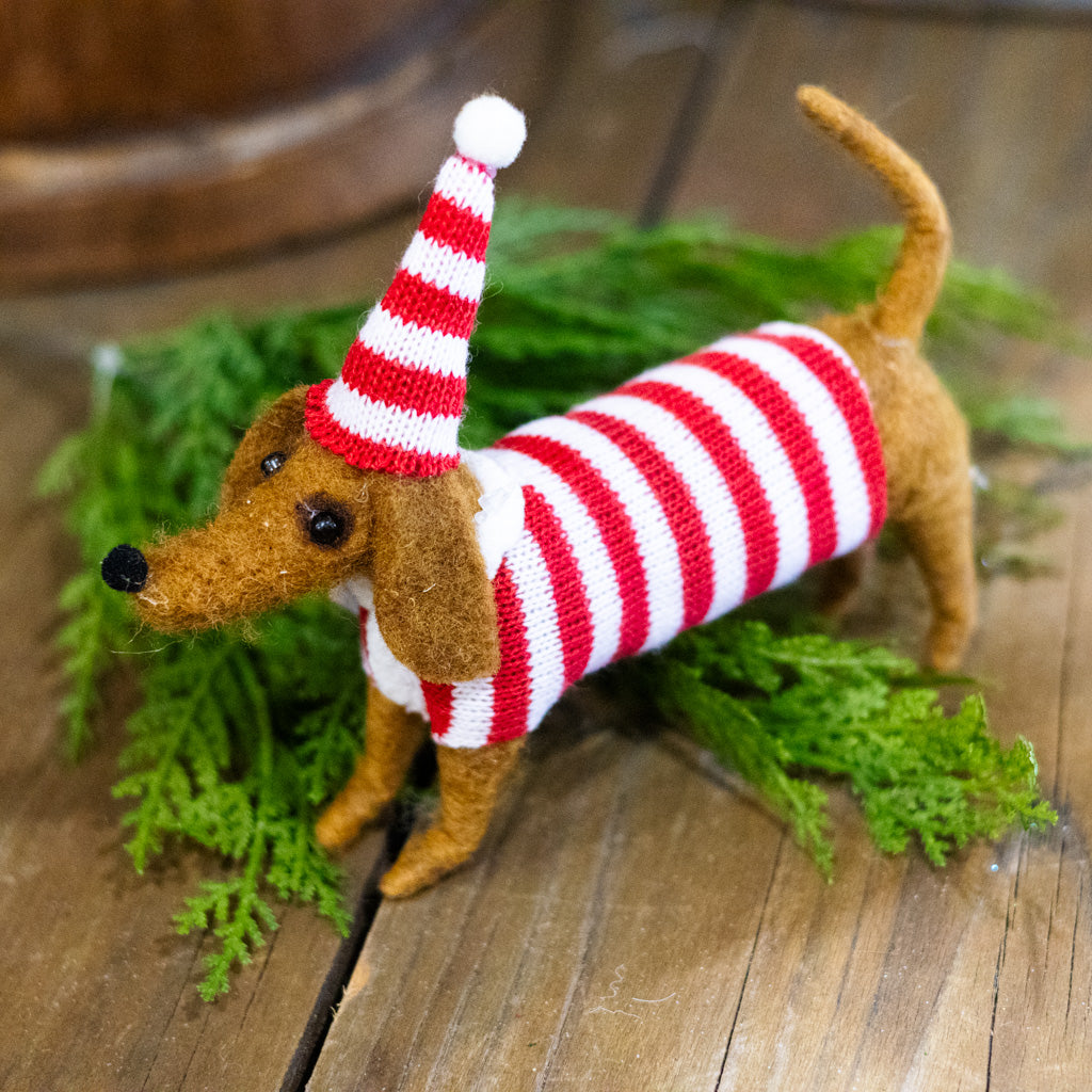 Wool Dog with Striped Hat and Sweater Ornament
