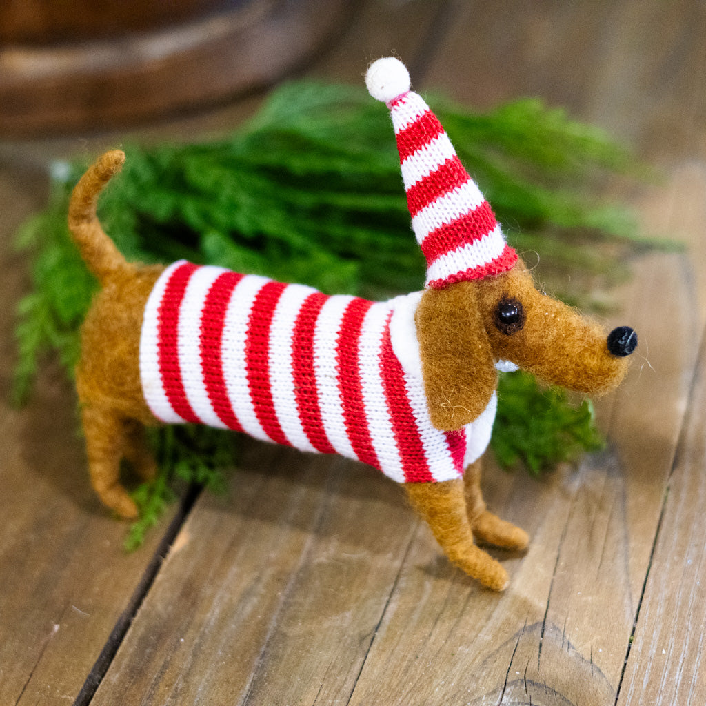 Wool Dog with Striped Hat and Sweater Ornament
