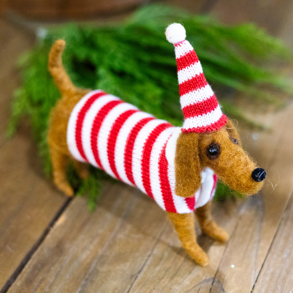 Wool Dog with Striped Hat and Sweater Ornament