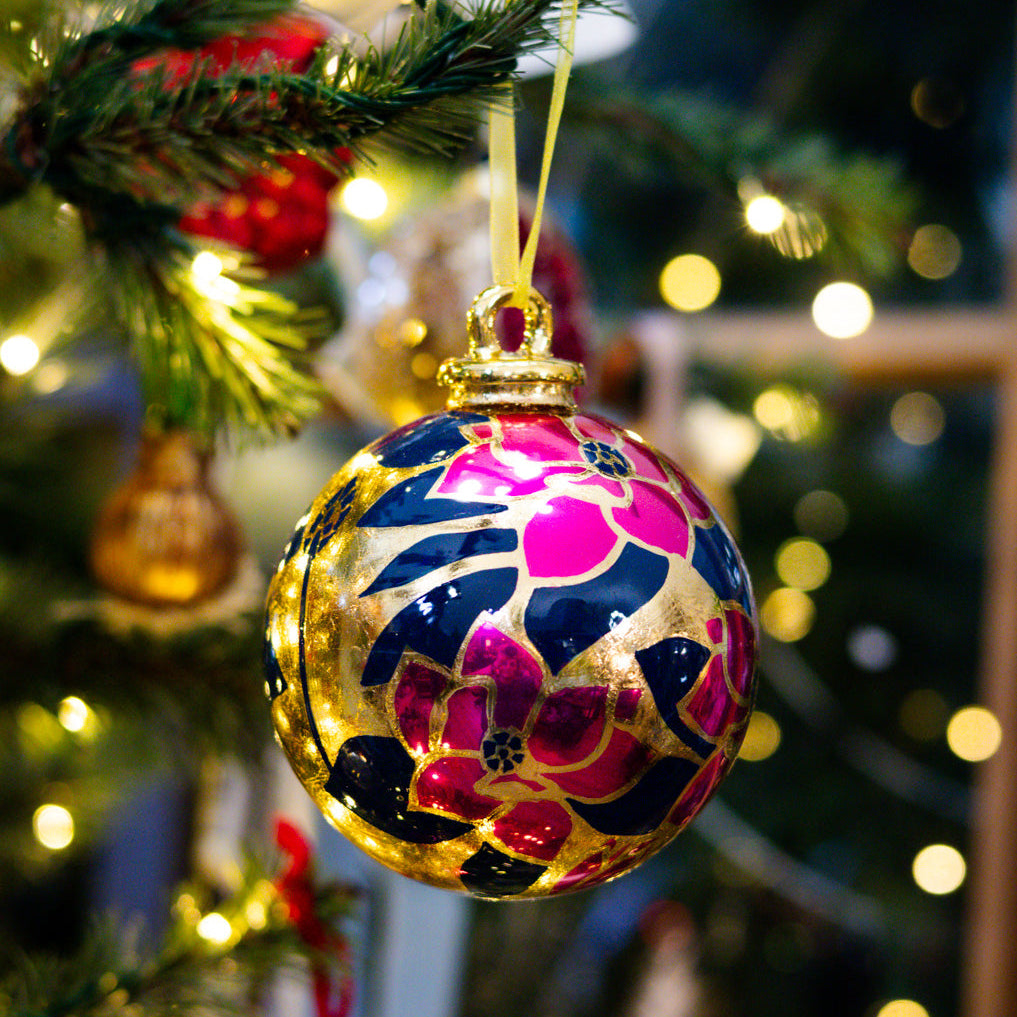 Navy and Fuchsia Floral Ball Ornament