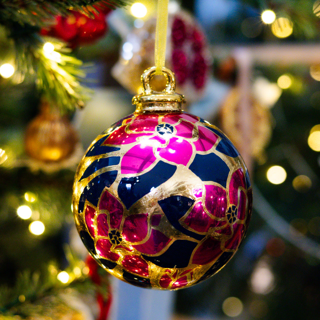 Navy and Fuchsia Floral Ball Ornament