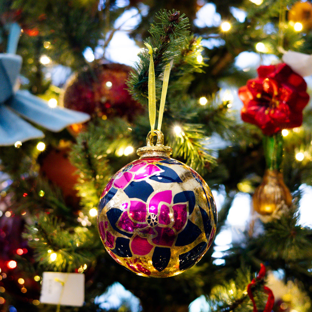 Navy and Fuchsia Floral Ball Ornament