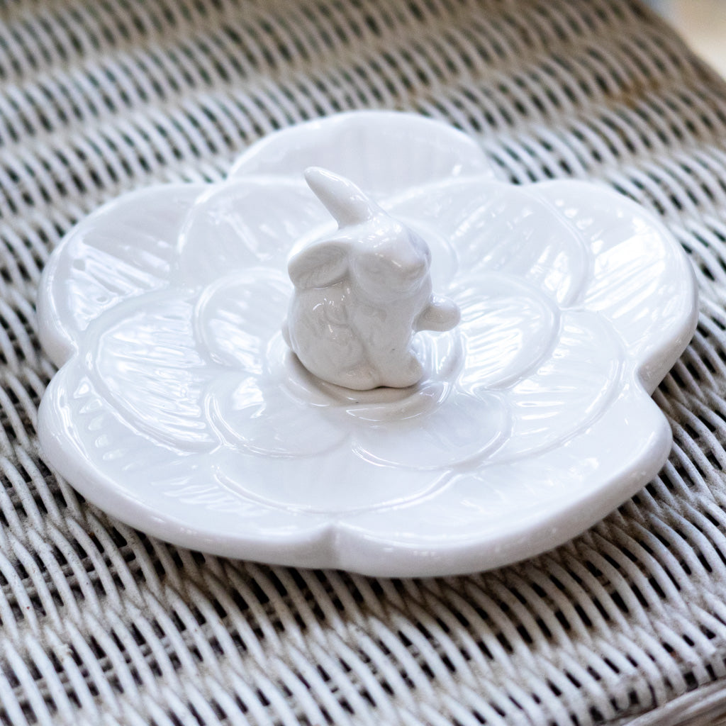 Rabbit with Paw Up Dish White Ceramic