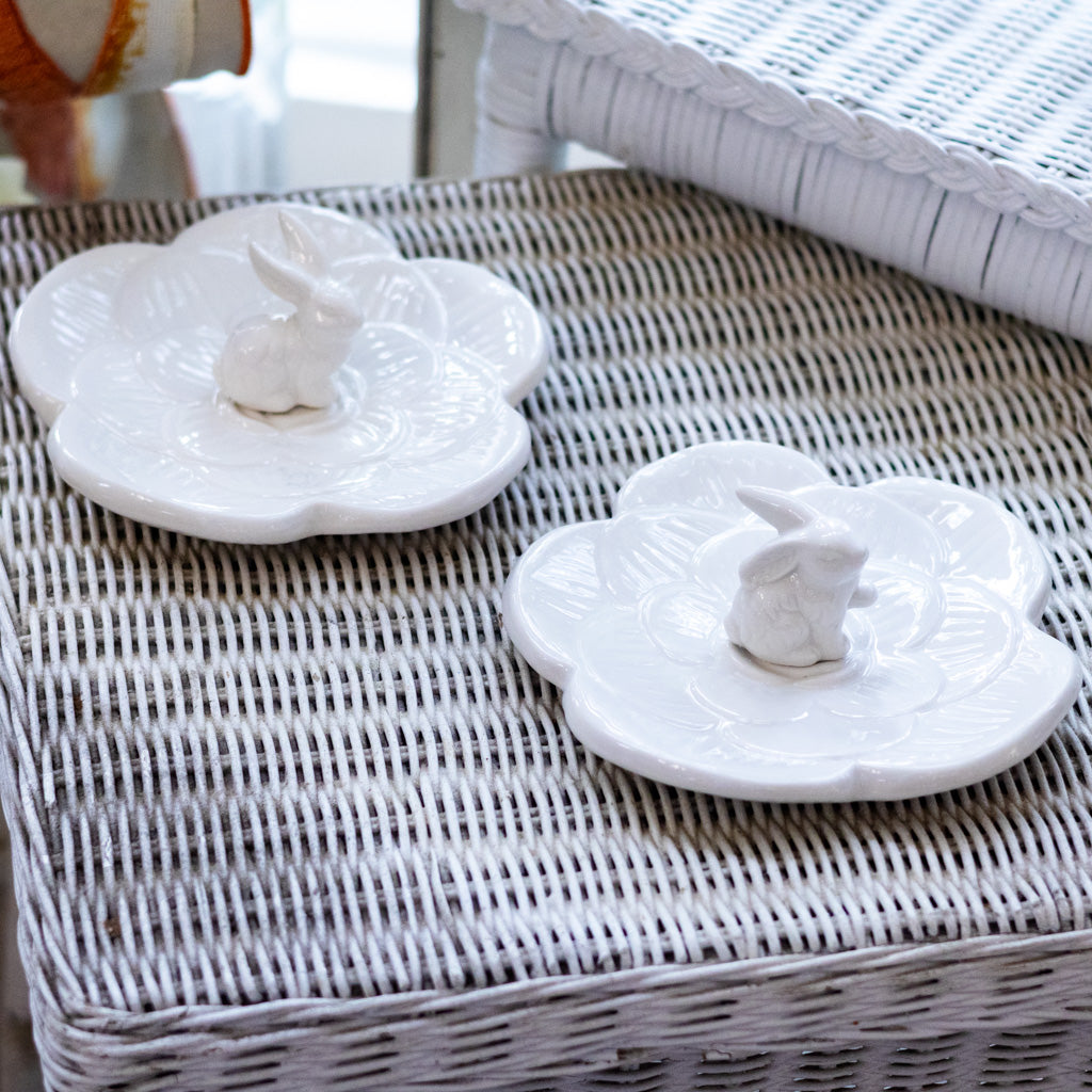 Rabbit with Paw Up Dish White Ceramic