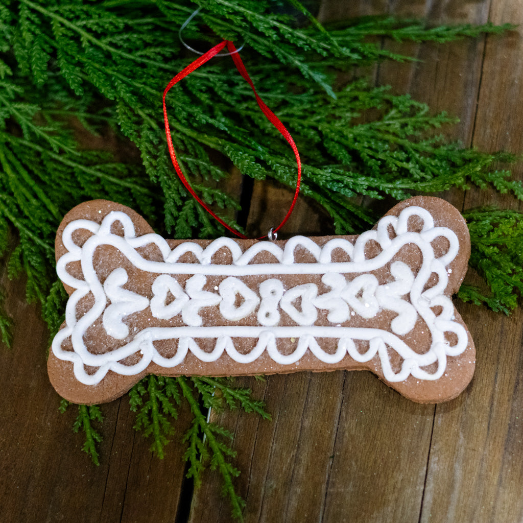 Gingerbread Dog Bone with Hearts Ornament
