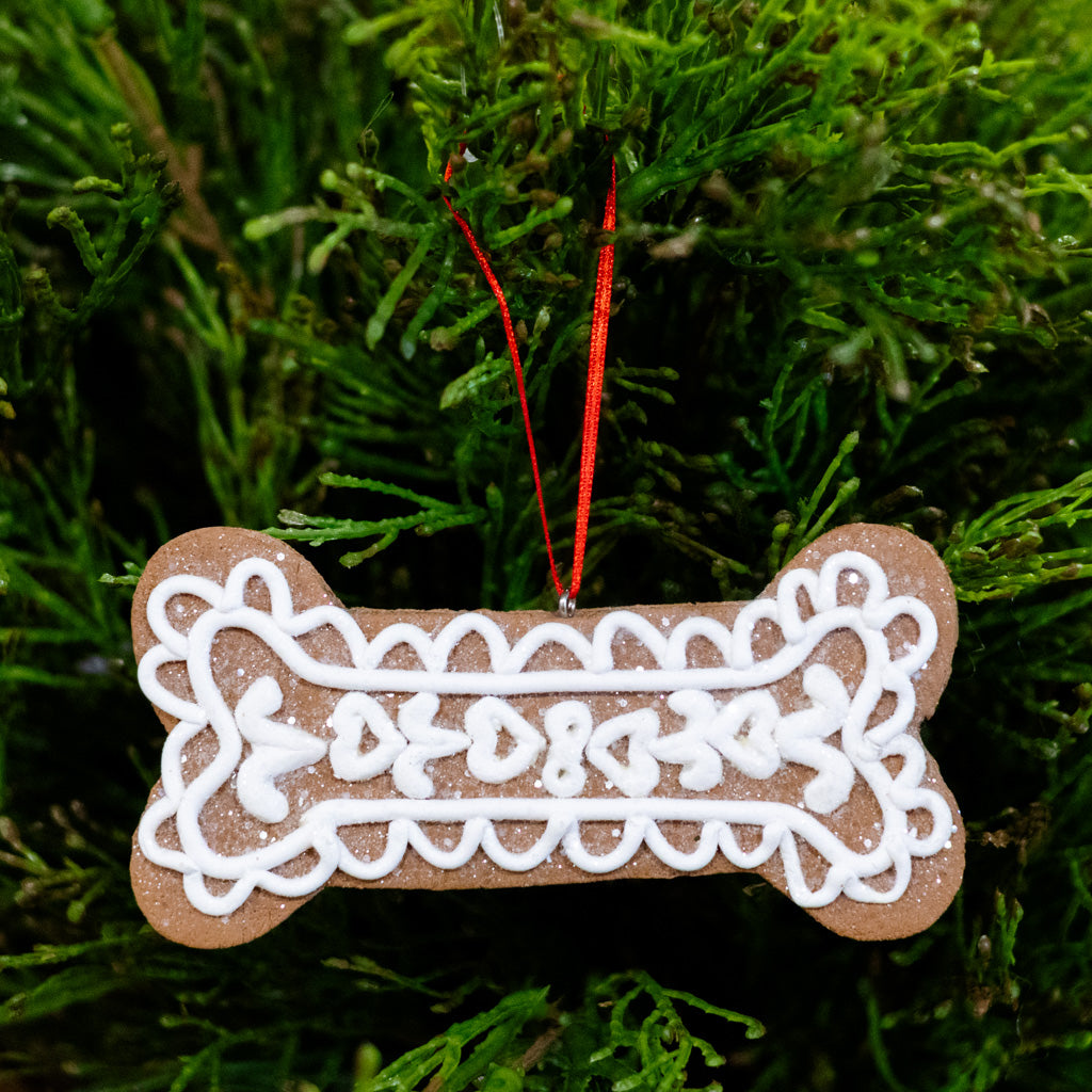 Gingerbread Dog Bone with Hearts Ornament