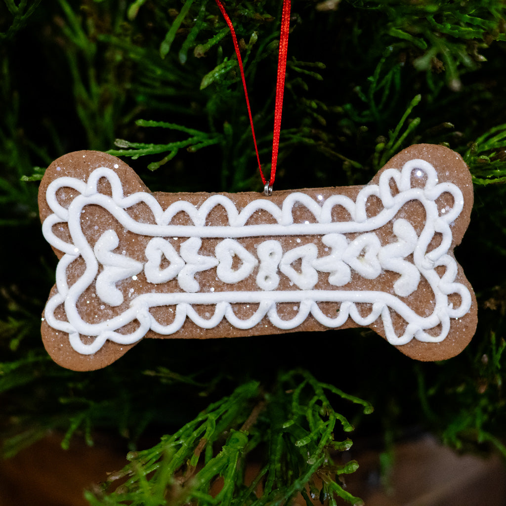 Gingerbread Dog Bone with Hearts Ornament