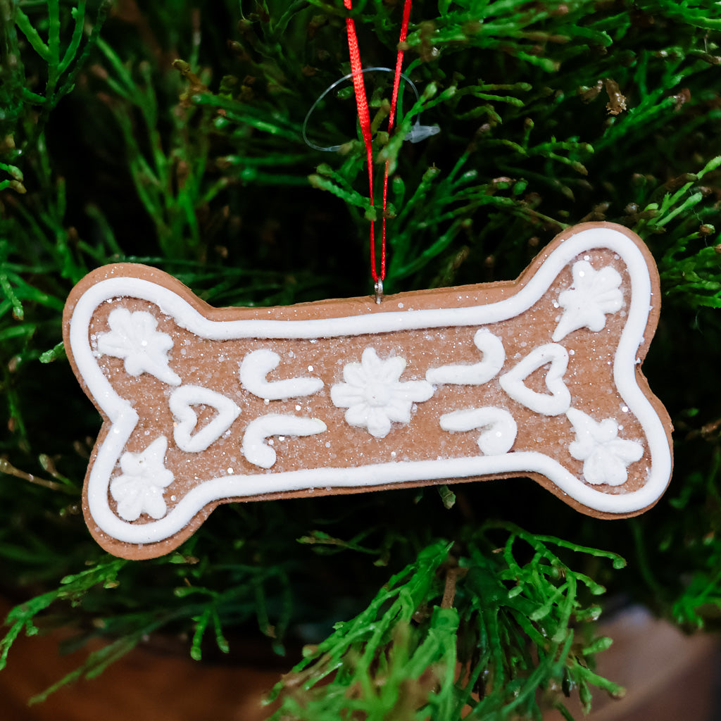Gingerbread Dog Bone with Flowers Ornament