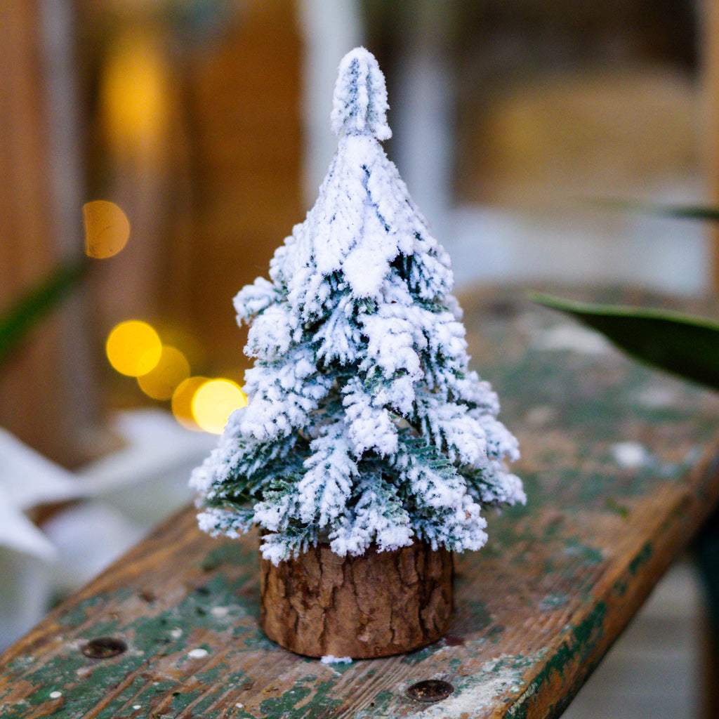 Mini Snow Covered Tree on Wood Base