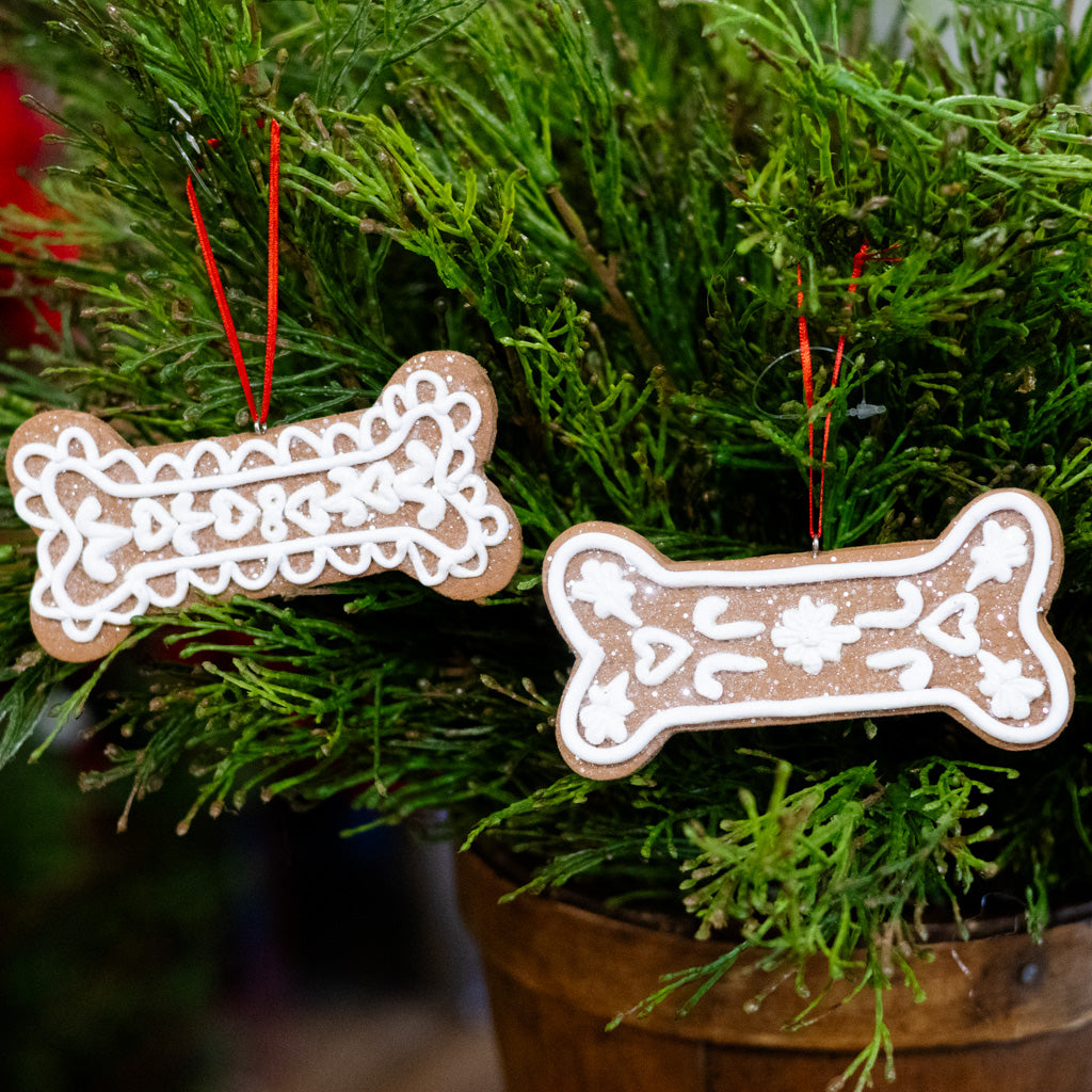 Gingerbread Dog Bone with Flowers Ornament