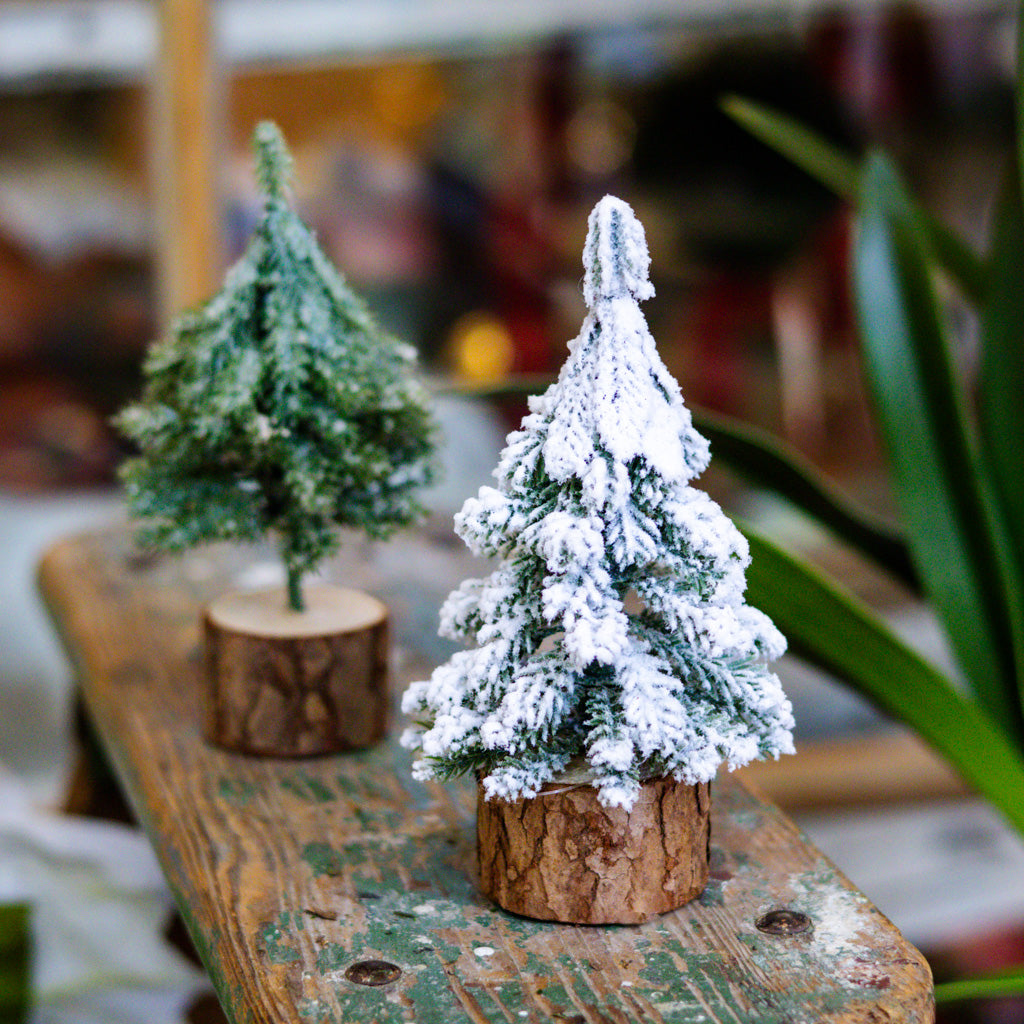 Mini Snow Covered Tree on Wood Base