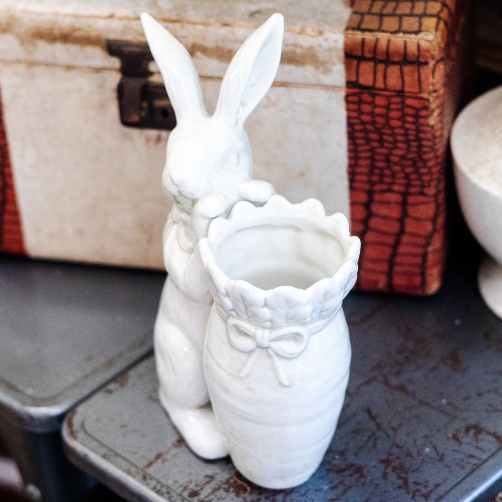 Antiqued White Dolomite Carrot Vase with Rabbit