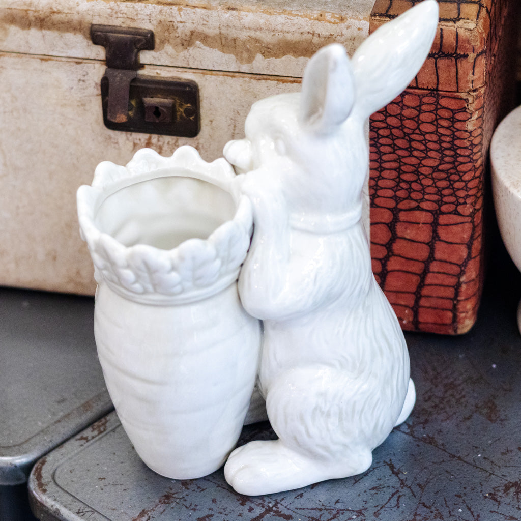 Antiqued White Dolomite Carrot Vase with Rabbit