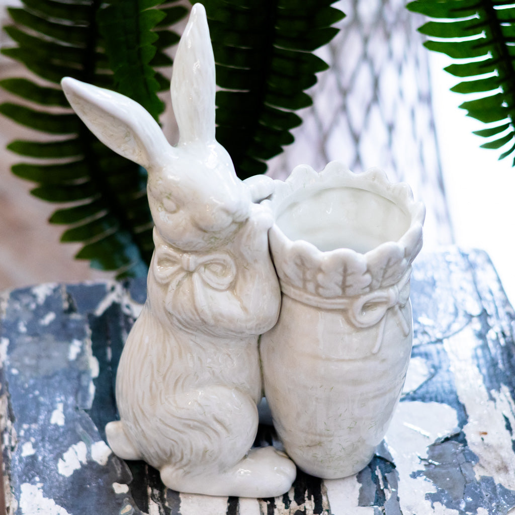 Antiqued White Dolomite Carrot Vase with Rabbit